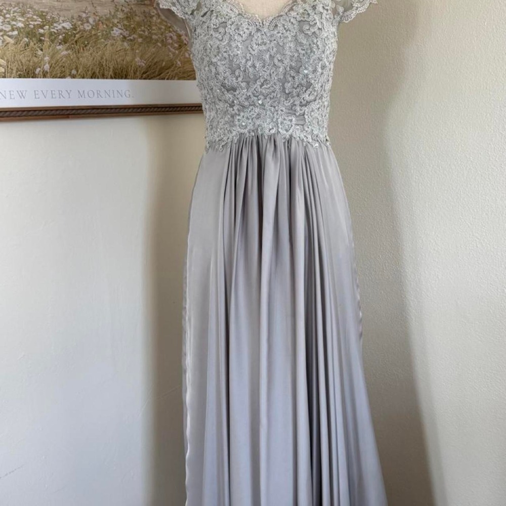 Izilady gray prom dress A-Line, beaded bodice cap sleeve